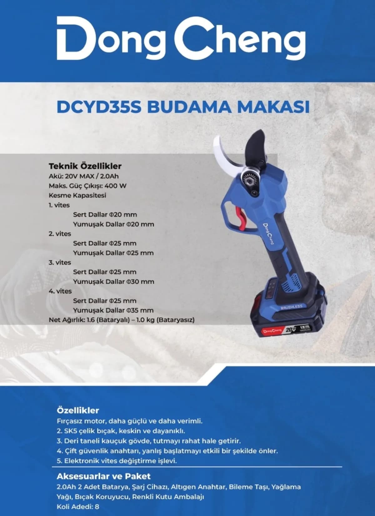 Dong Cheng Akülü Budama Makası 35 mm 20 V 2 Ah