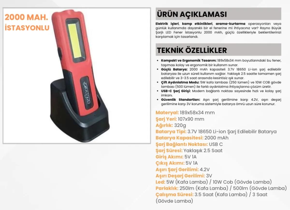 Rayno Şarjlı LED El Feneri