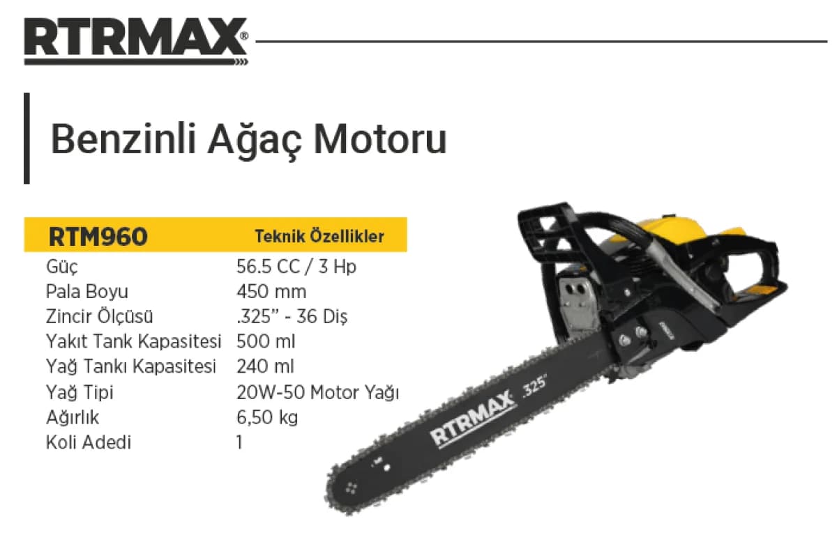 RTR Max Benzinli Ağaç Motoru 57 cc 45 cm Pala