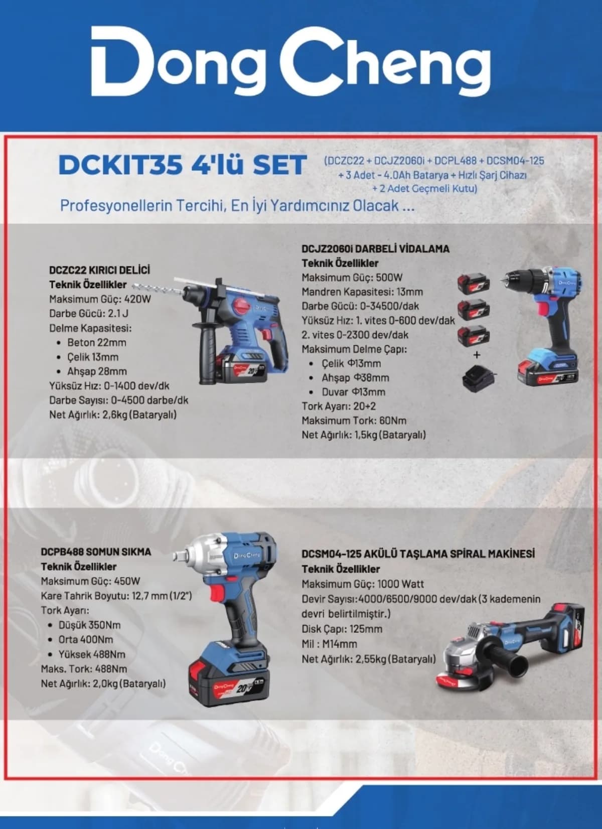 Dong Cheng 4'lü Akülü Set: Darbeli Vidalama, Somun Sökme, Kırıcı Delici, Taşlama