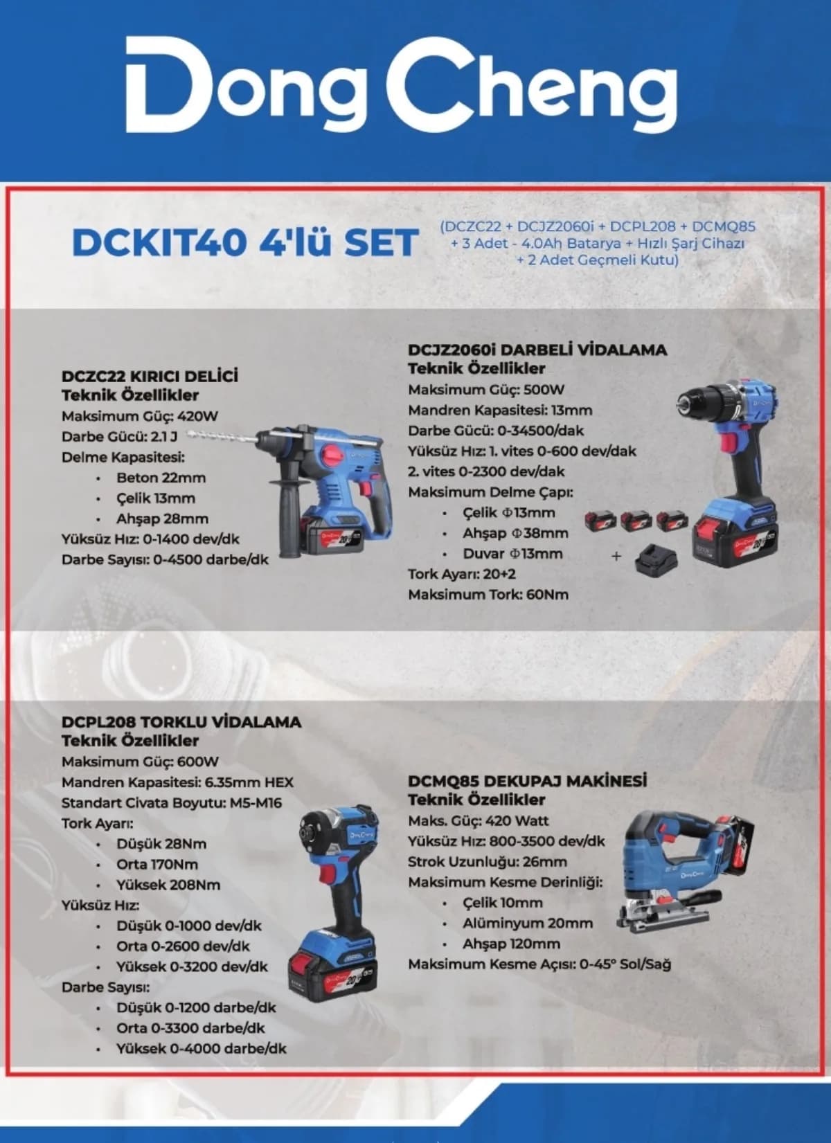 Dong Cheng 4'lü Akülü Set: Darbeli Vidalama, Torklu Vidalama, Kırıcı Delici, Dekupaj