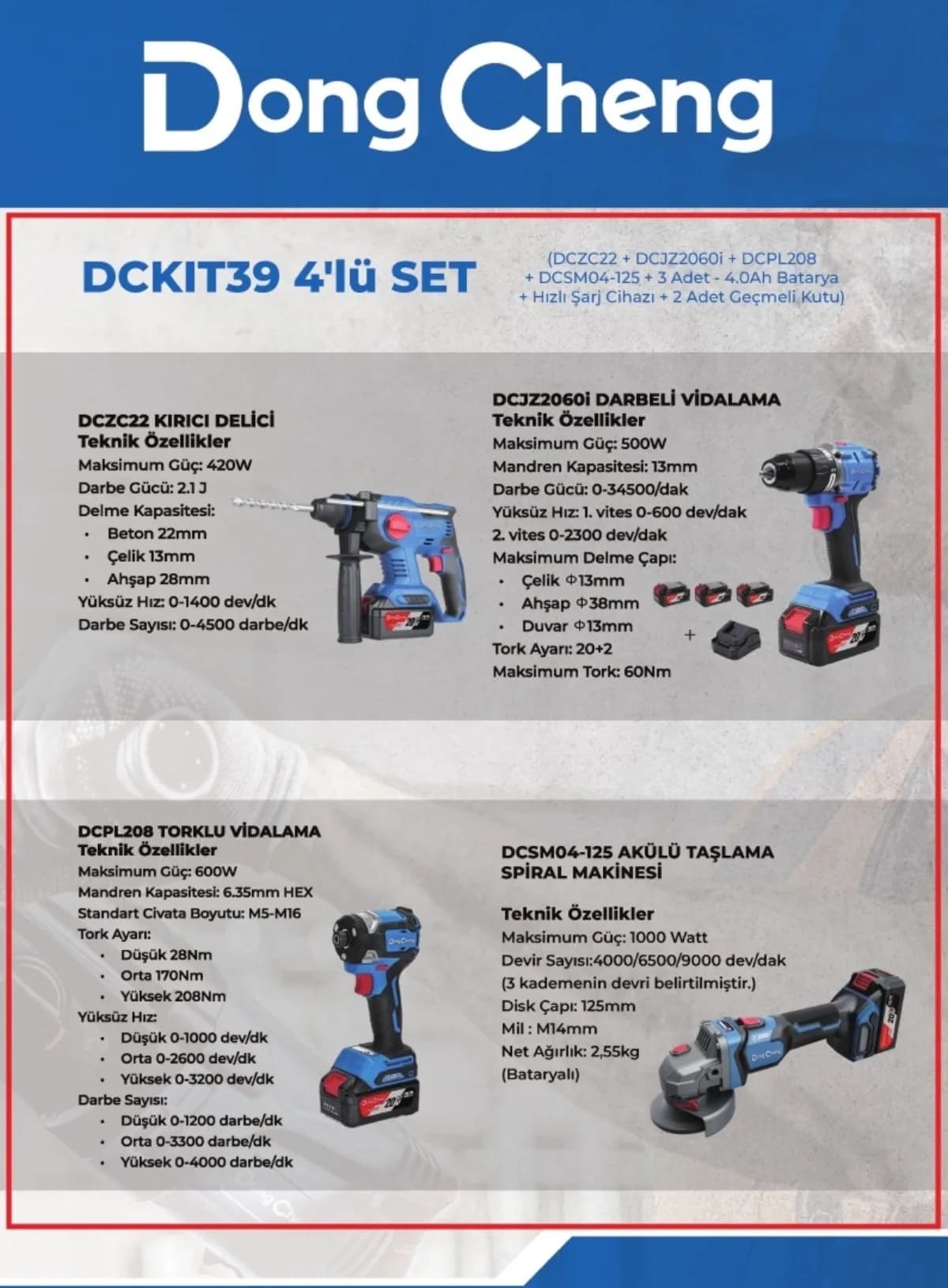 Dong Cheng 4'lü Akülü Set: Darbeli Vidalama, Torklu Vidalama, Kırıcı Delici, Taşlama