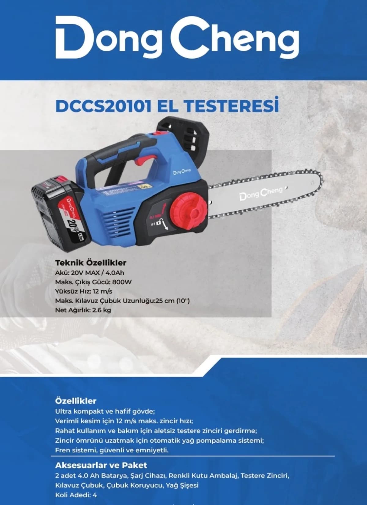 Dong Cheng Akülü Ağaç Kesme Makinesi 20 V 4 Ah