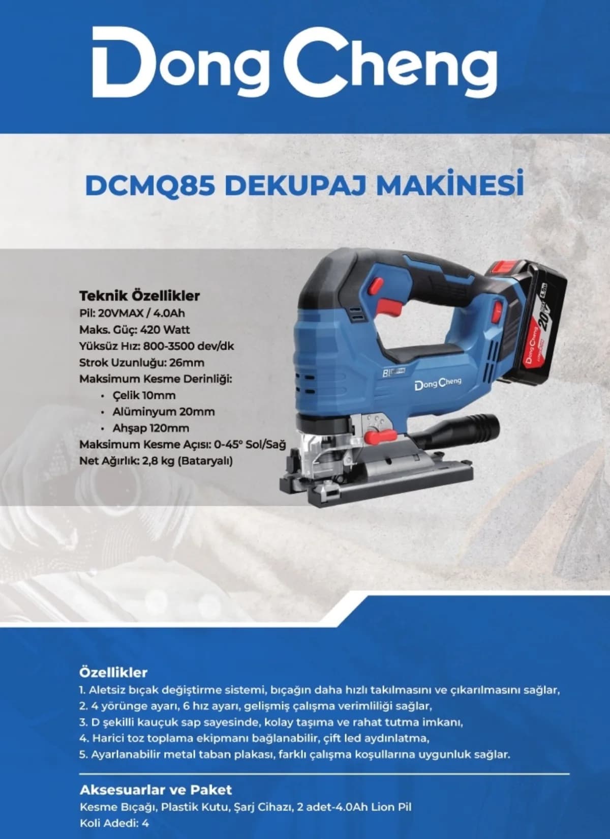 Dong Cheng Akülü Dekupaj Testere 20 V 4 Ah