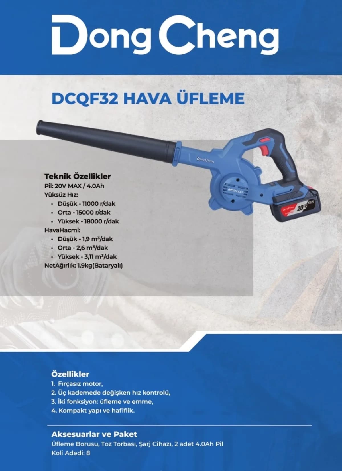 Dong Cheng Akülü Hava Üfleme Makinesi 20 V 4 Ah