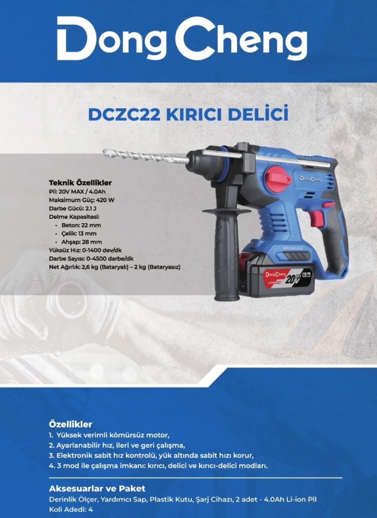 Dong Cheng Akülü Kırıcı Delici 2,2 kg 20 V 4 Ah