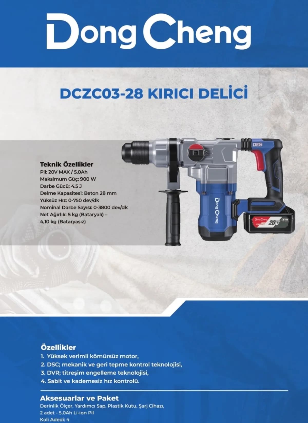 Dong Cheng Akülü Kırıcı Delici 4,5 kg 20 V 5 Ah