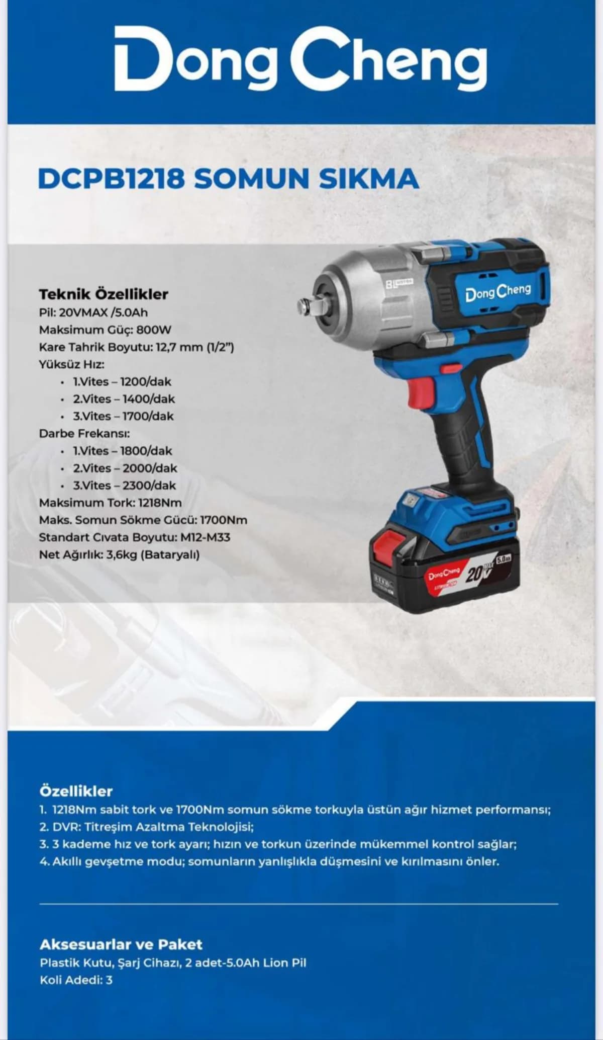 Dong Cheng Akülü Somun Sıkma 1700 Nm 20 V 5 Ah