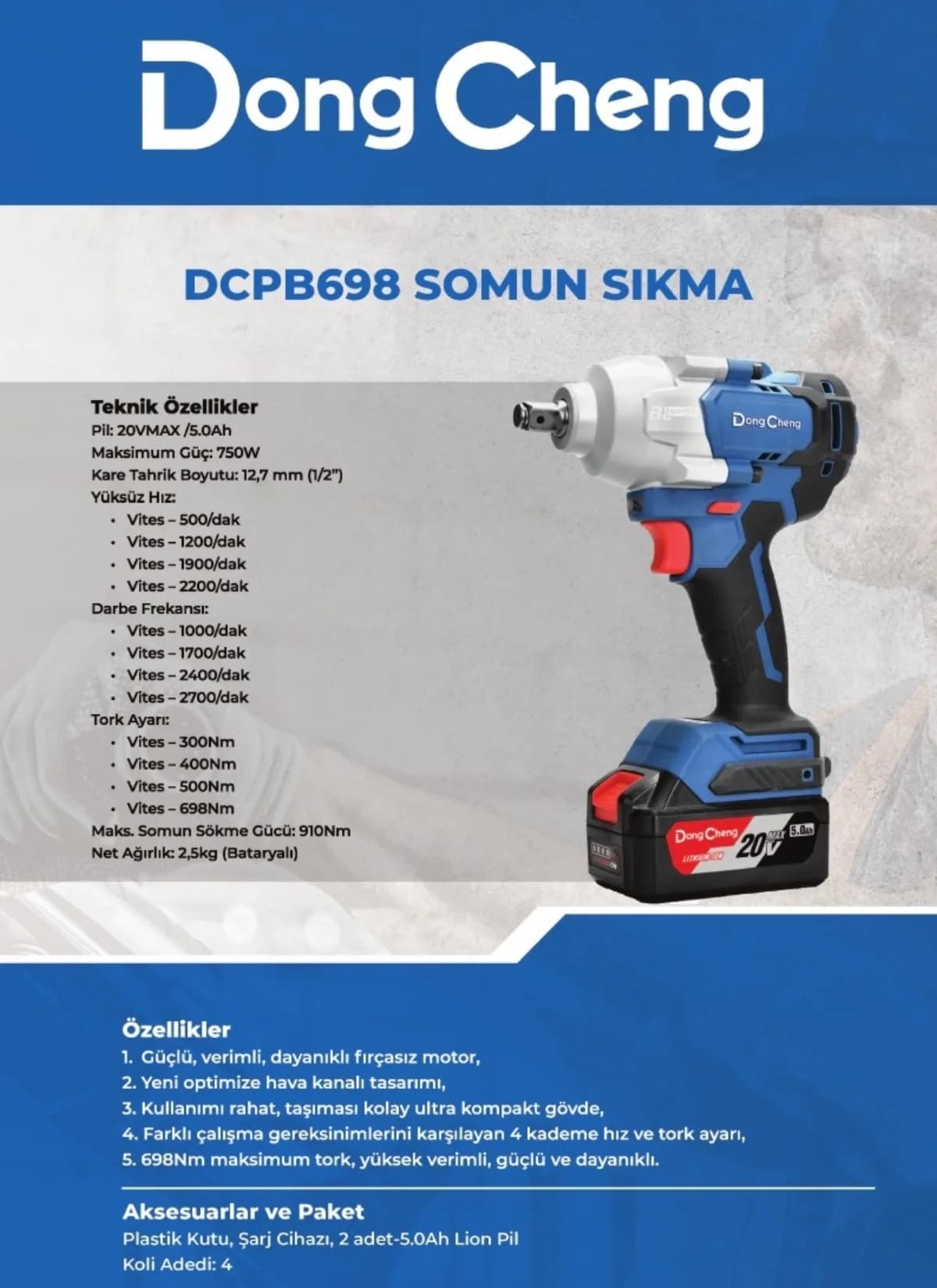 Dong Cheng Akülü Somun Sıkma 700 Nm 20 V 5 Ah