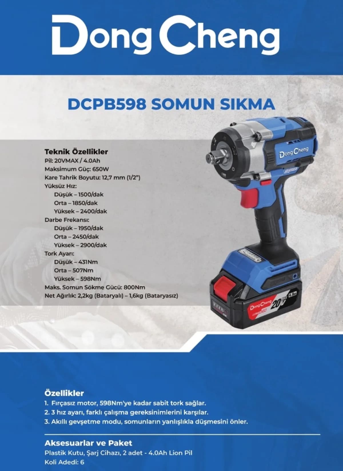 Dong Cheng Akülü Somun Sıkma 800 Nm 20 V 4 Ah