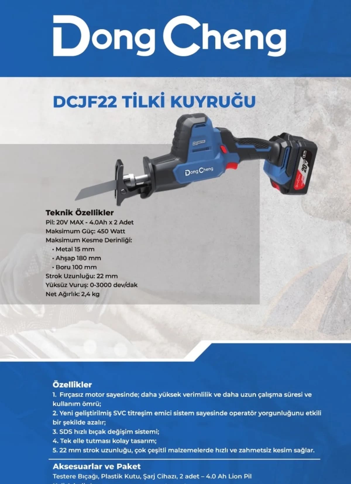 Dong Cheng Akülü Tilki Kuyruğu Testere 20 V 4 Ah