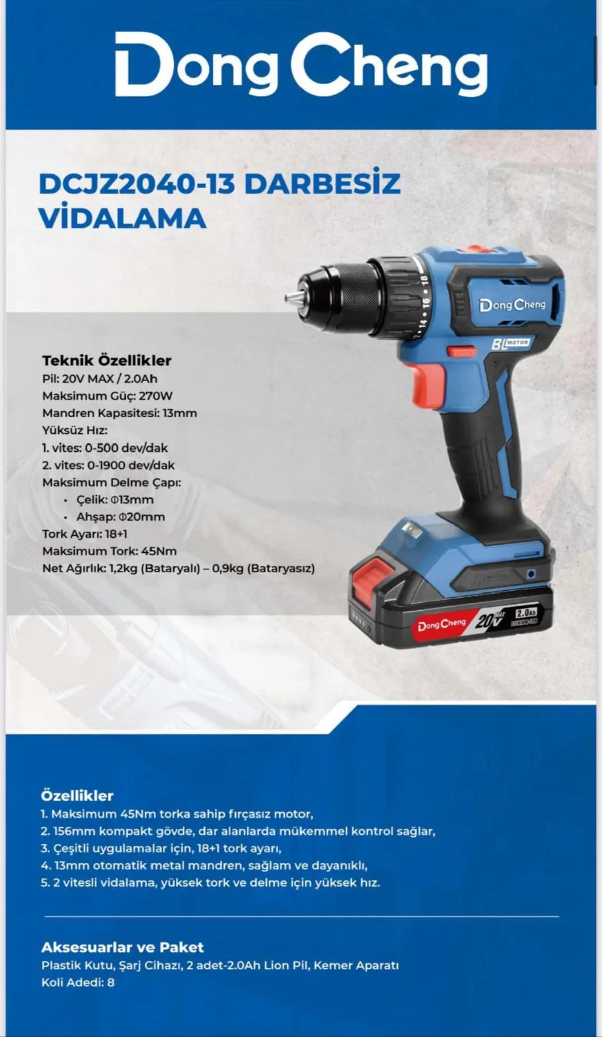 Dong Cheng Akülü Vidalama 45 Nm 2 Ah
