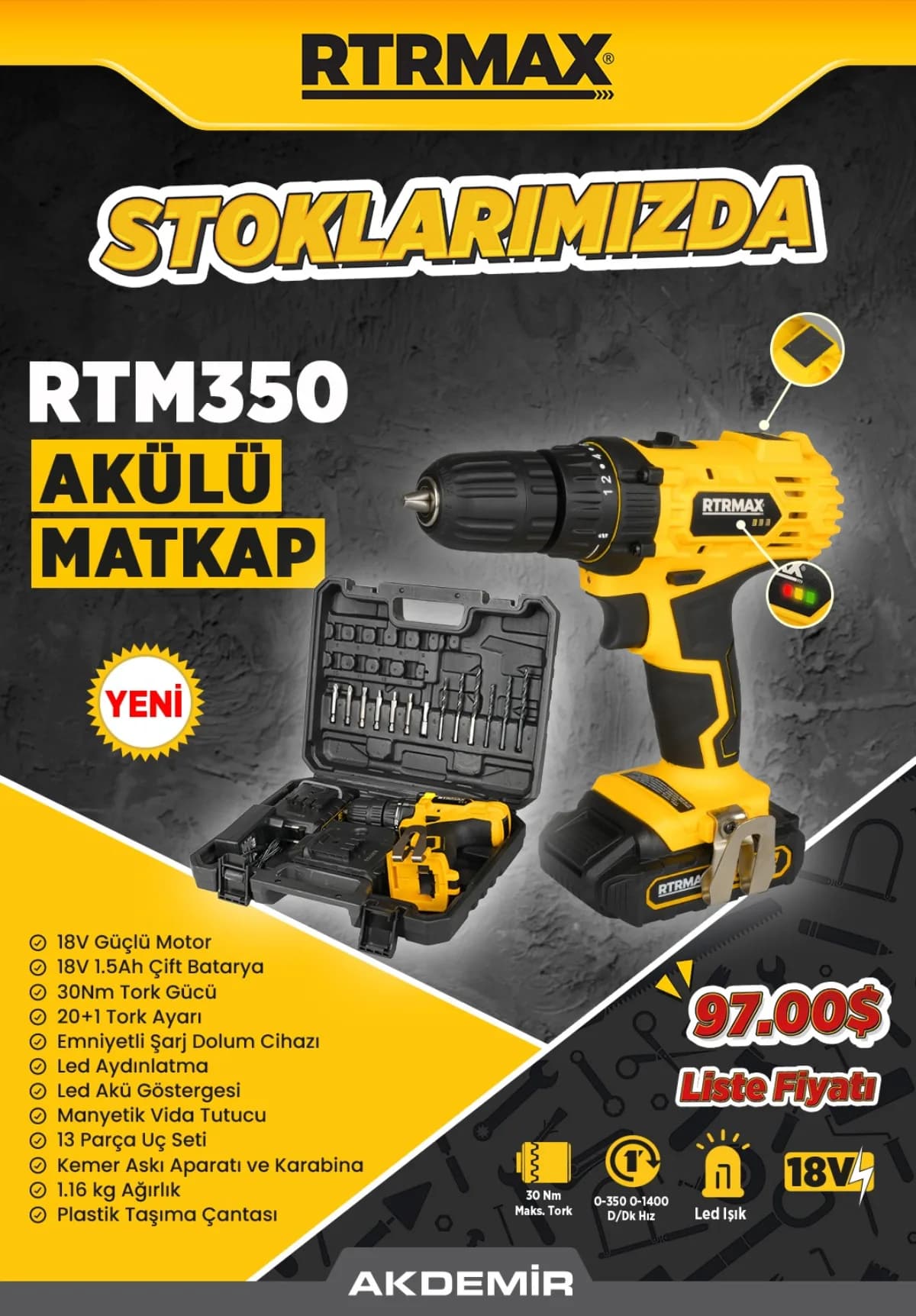 RTR Max Akülü Matkap 18 V Çift Akülü