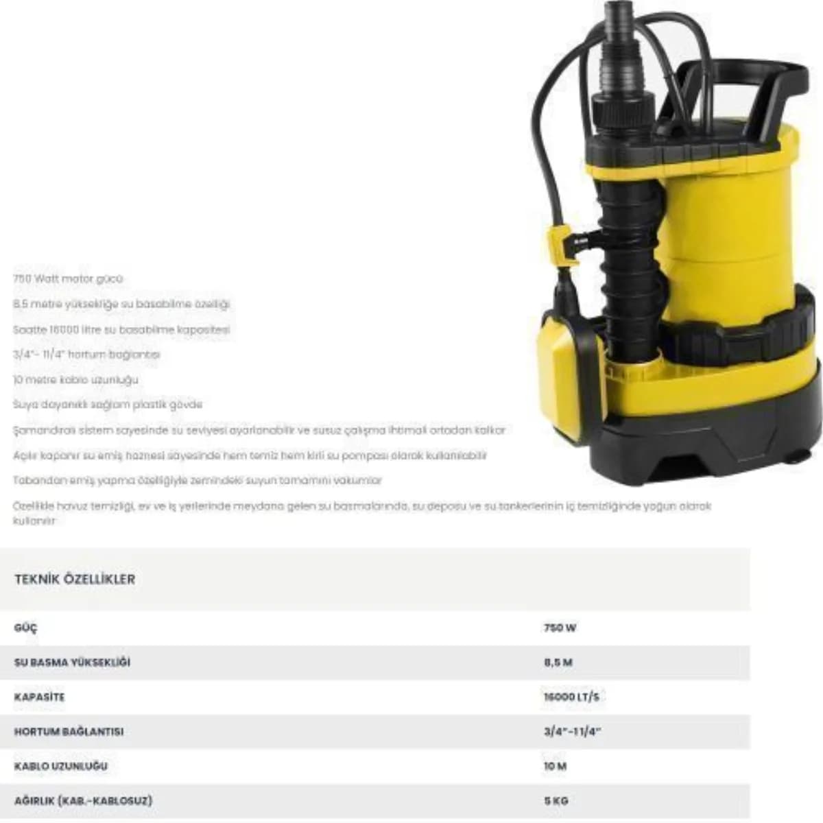 RTR Max Temiz ve Pis Su Dalgıç Pompa 750 W 8,5 m