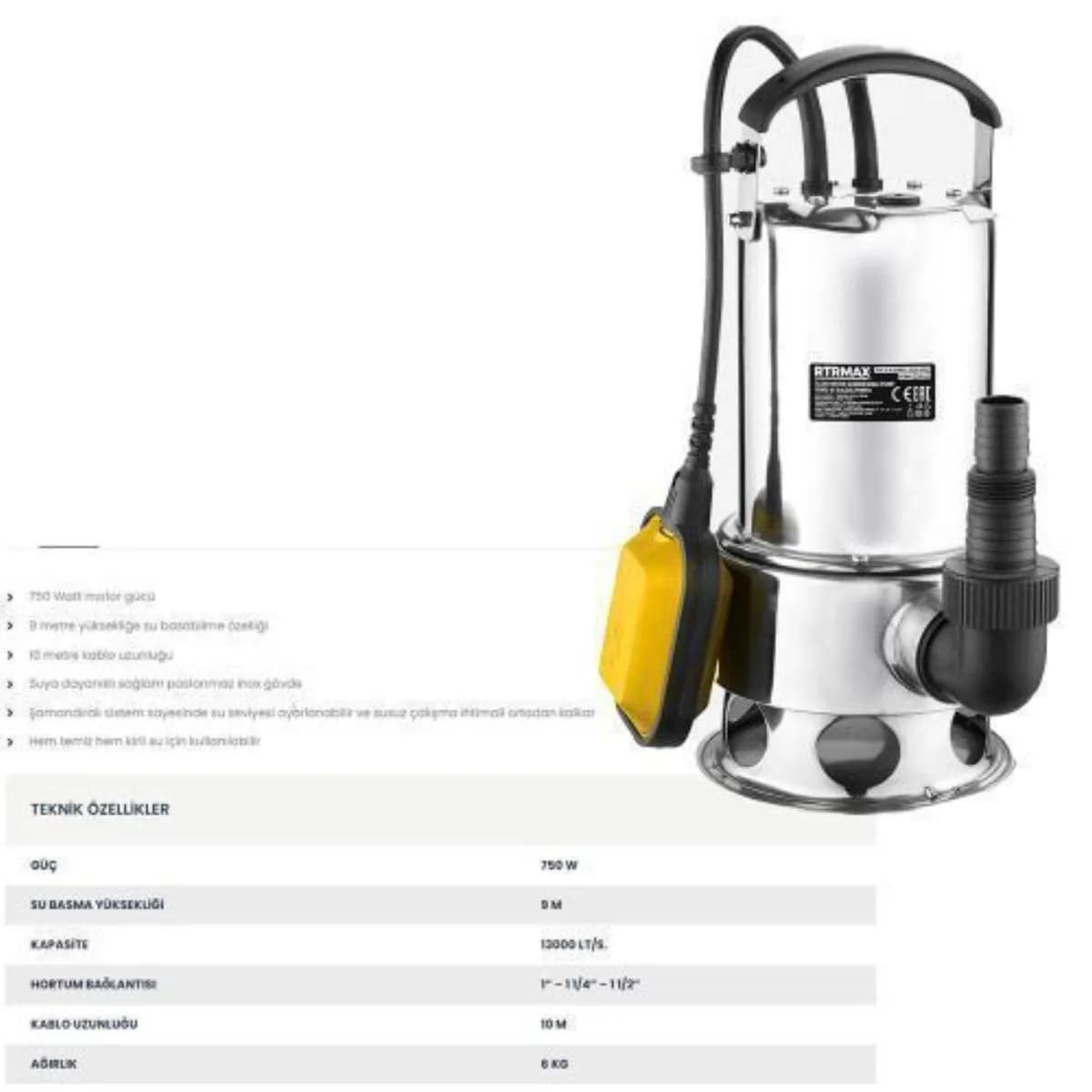 RTR Max Paslanmaz Pis Su Dalgıç Pompa 750 W 8 m