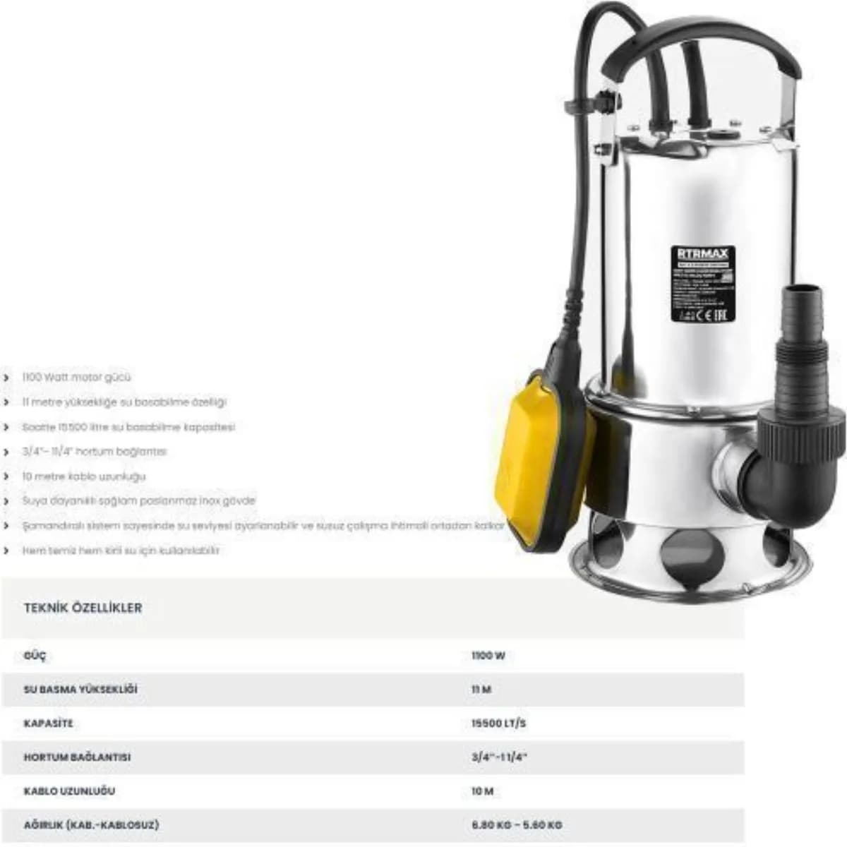 RTR Max Paslanmaz Pis Su Dalgıç Pompa 1100 W 11 m
