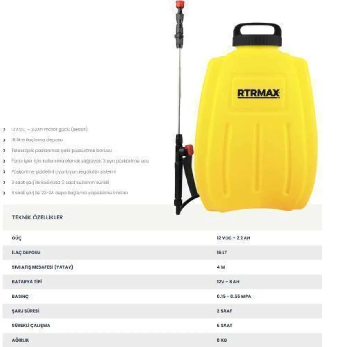 RTR Max Akülü İlaçlama Pompası 12 W 8 Ah