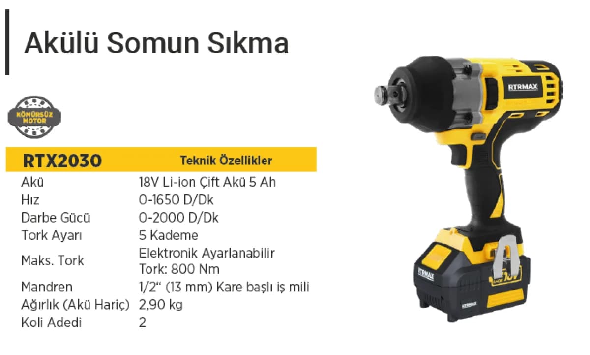 RTR Max RTX 2030B Akülü Somun Sıkma 18 V 400-800 Nm (Aküsüz)